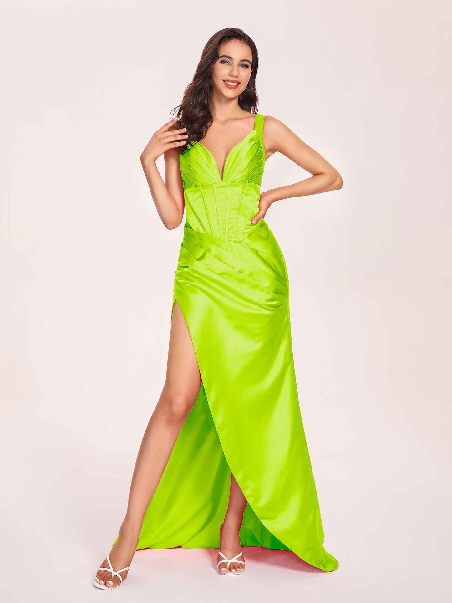 Satin Spaghetti Straps Corset Prom Dresses Pleats Side-Slit Sheath Floor Length