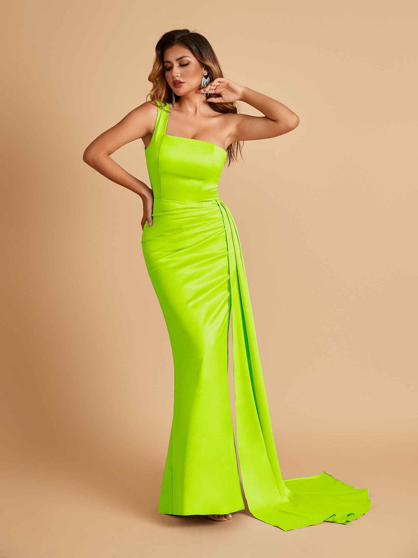 Sexy Satin One Shoulder Mermaid Prom Dresses Pleats Floor Length