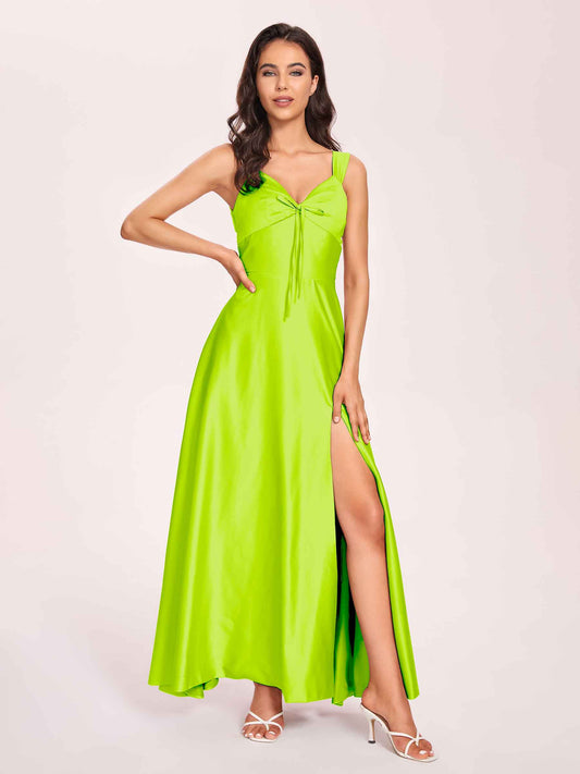 Satin V-neck A-line Bridesmaid Dresses Side slit Floor Length