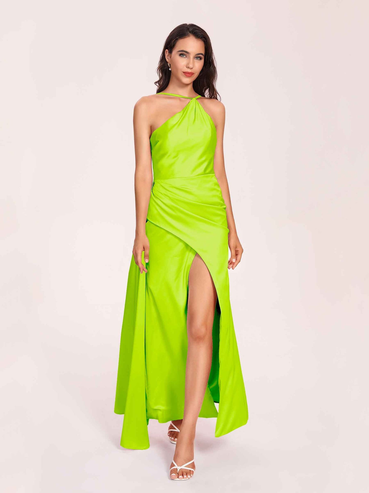 Sexy Satin Halter Strap Sheath Prom Dresses Side Slit Pleats Floor Length