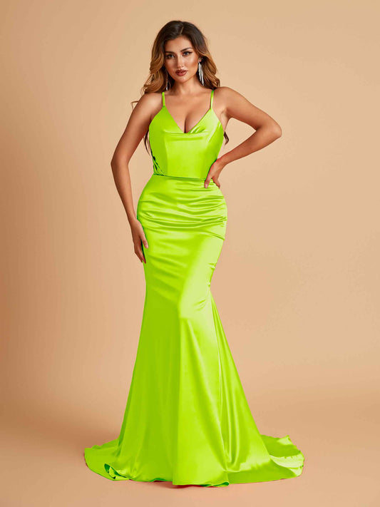 Sexy Satin Mermaid Bridesmaid Dresses Spaghetti Straps V-neck Pleats Floor Length