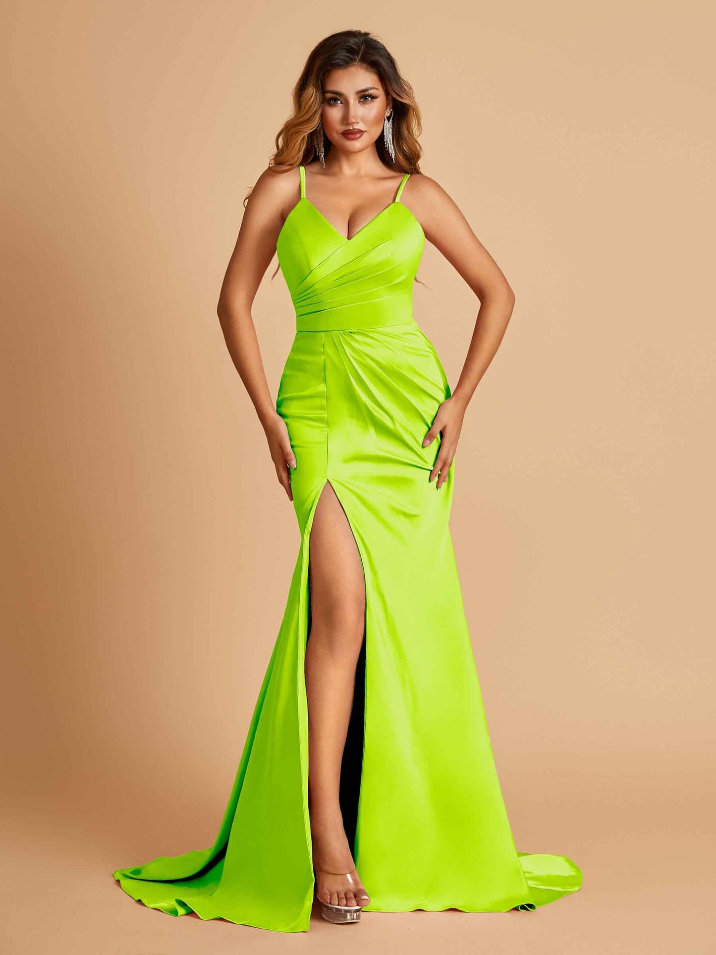 Sexy Mermaid Prom Dresses Spaghetti Straps Satin Side Slit Pleats Floor Length