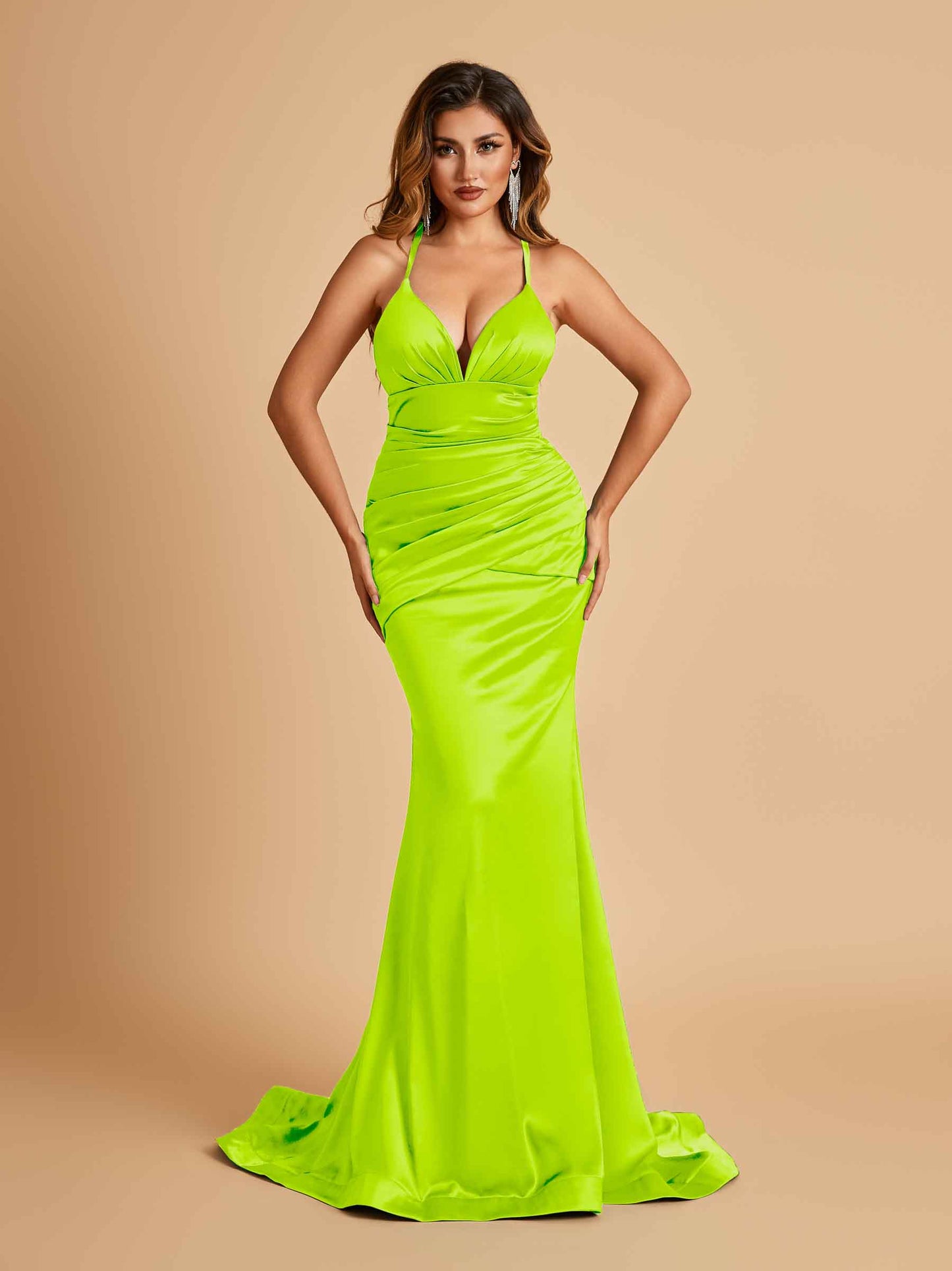 Satin Mermaid Open-back Bridesmaid Dresses Spaghetti Straps V-neck With Pleats Floor Length