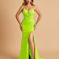 Satin Mermaid Long Prom Dresses Spaghetti Straps Sweetheart Side Slit Floor Length