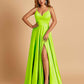 Satin A-line Long Prom Dresses Spaghetti Straps V-neck Side Slit Floor Length