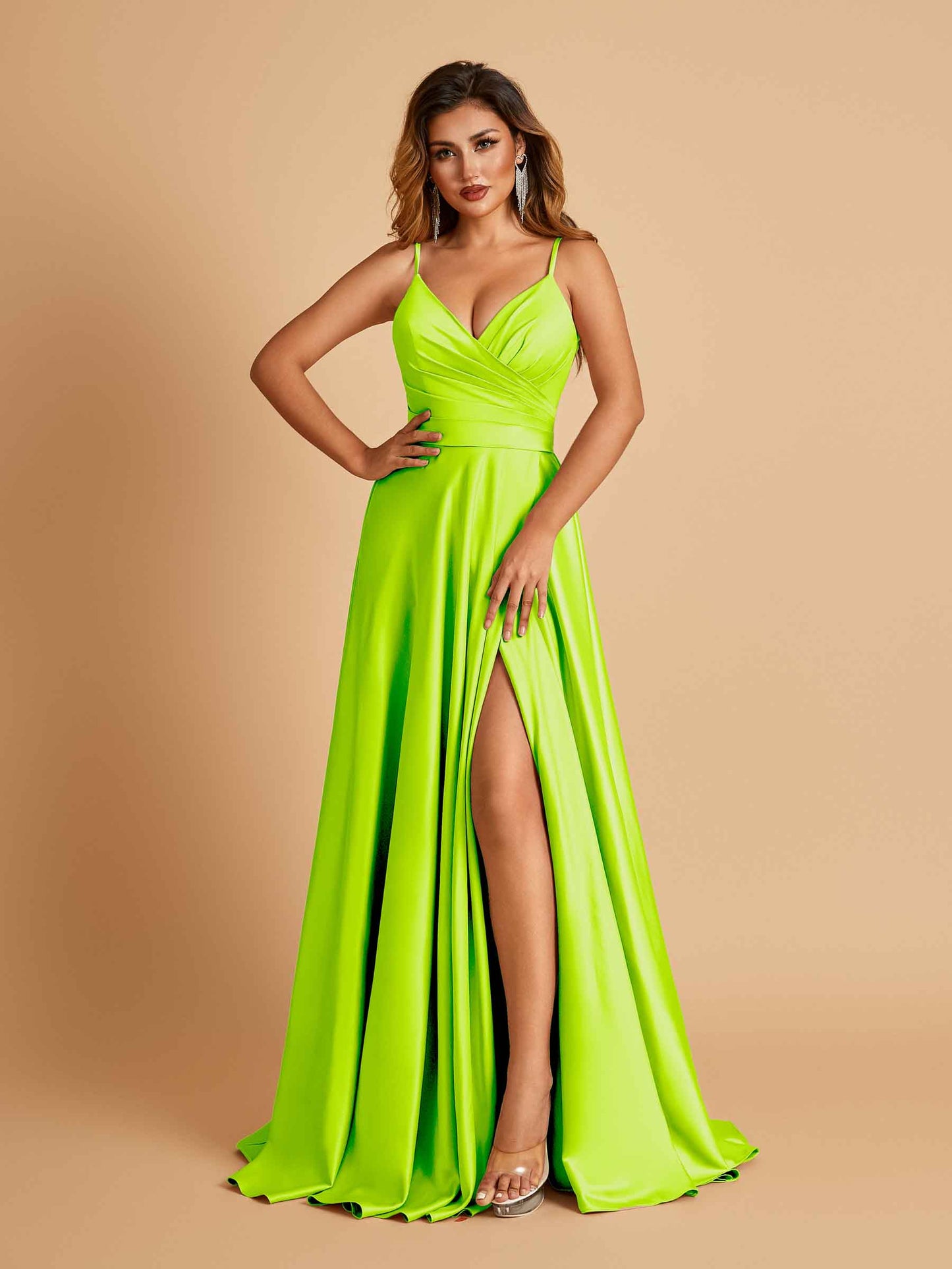 Satin A-line Long Prom Dresses Spaghetti Straps V-neck Side Slit Floor Length