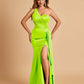 Satin One Shoulder Mermaid Bridesmaid Dresses Side Slit Floor Length