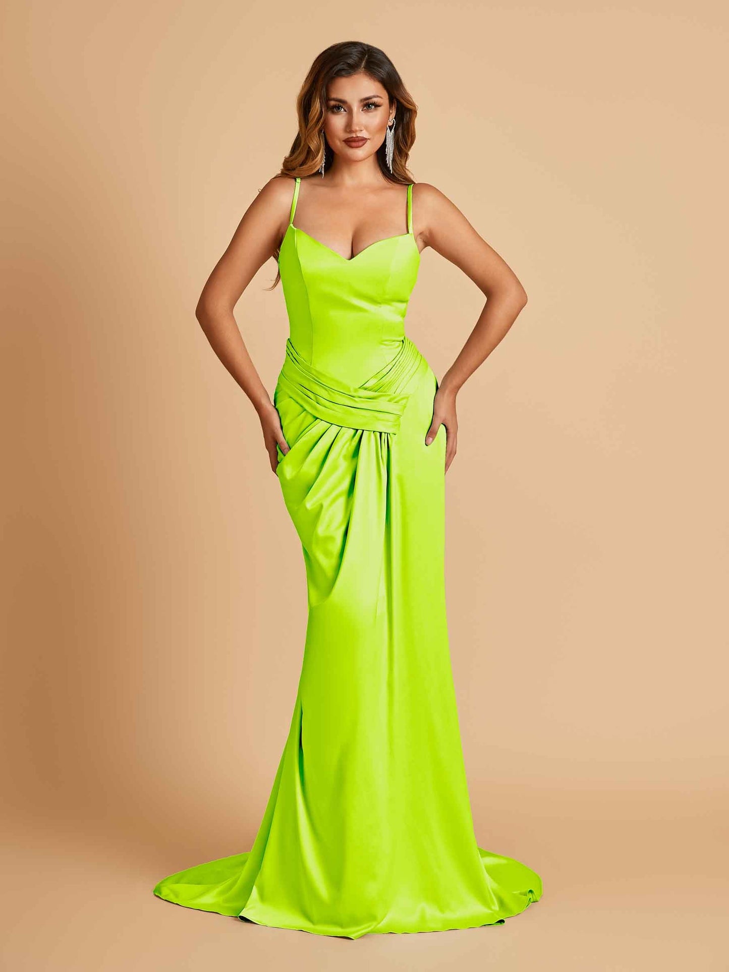 Satin Mermaid Sweetheart Prom Dresses Spaghetti Straps With Pleats Floor Length
