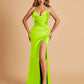 Sexy Satin Halter Straps Sheath Prom Dresses Side Slit Pleats Floor Length