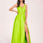 Satin V-neck A-line Prom Dresses Side slit Floor Length