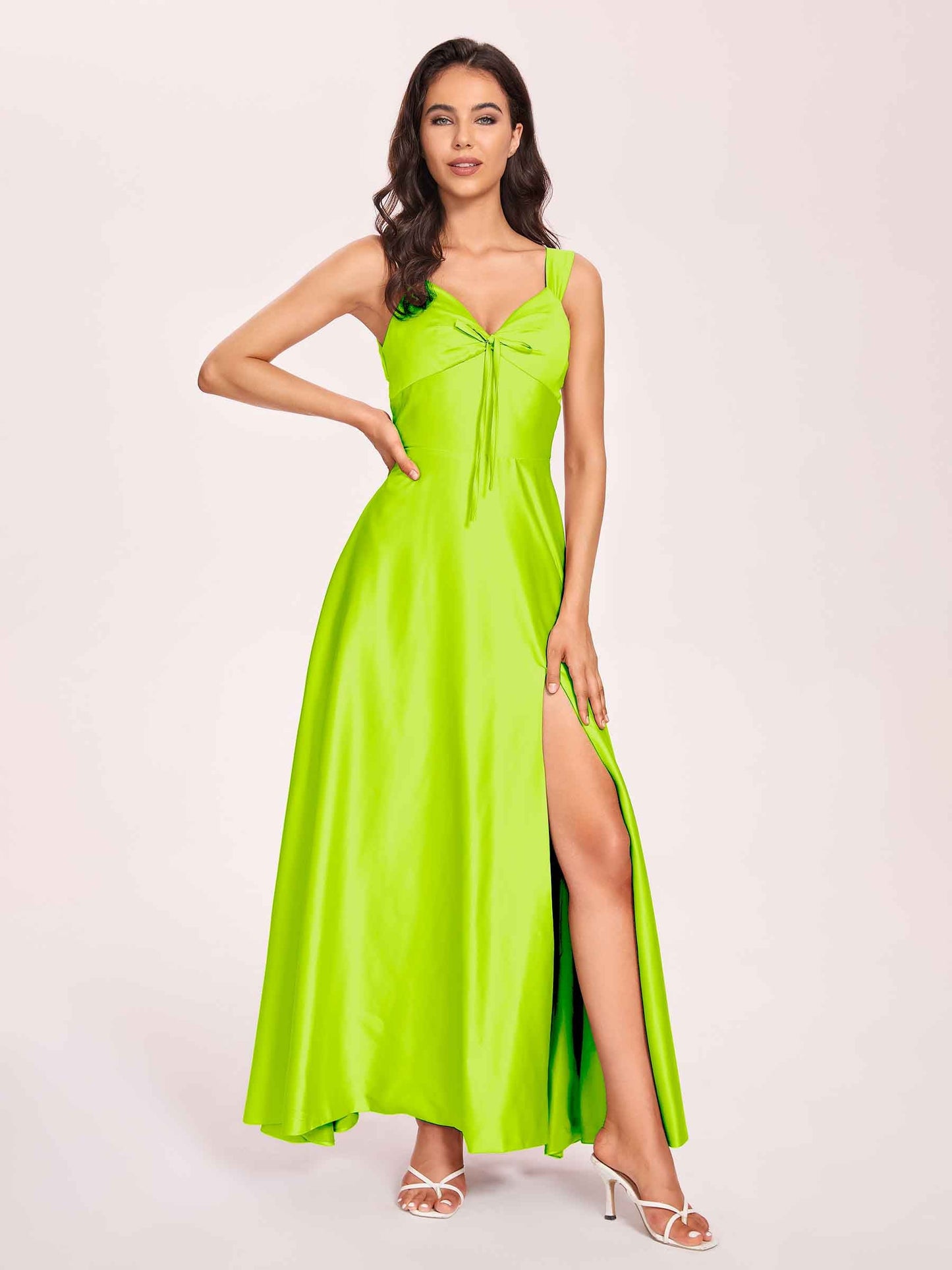 Satin V-neck A-line Prom Dresses Side slit Floor Length