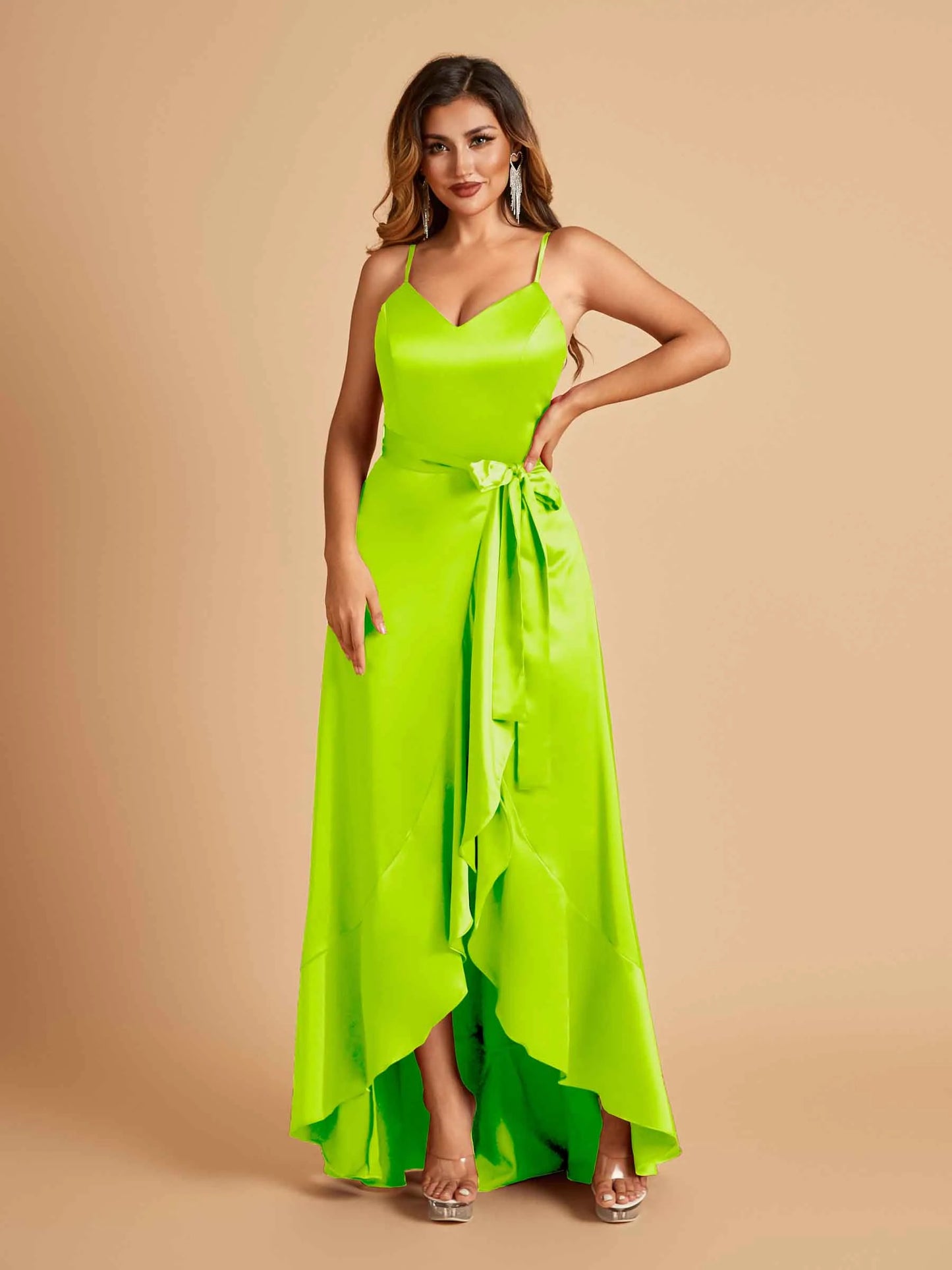 Satin Asymmetric V-neck Bridesmaid Dresses Sleeveless Side Slit A-line Unique For Sale