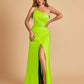 Satin One Shoulder Sheath Prom Dresses Spaghetti Straps Side Slit Floor Length
