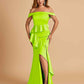 Satin Mermaid Off Shoulder Bridesmaid Dresses With Ruffles Side Slit Floor Length