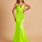Sexy Satin Mermaid Prom Dresses Spaghetti Straps V-neck Pleats Floor Length