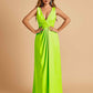 Sexy Satin Deep V-neck Long Bridesmaid Dresses A-line Pleats Sleeveless Floor Length