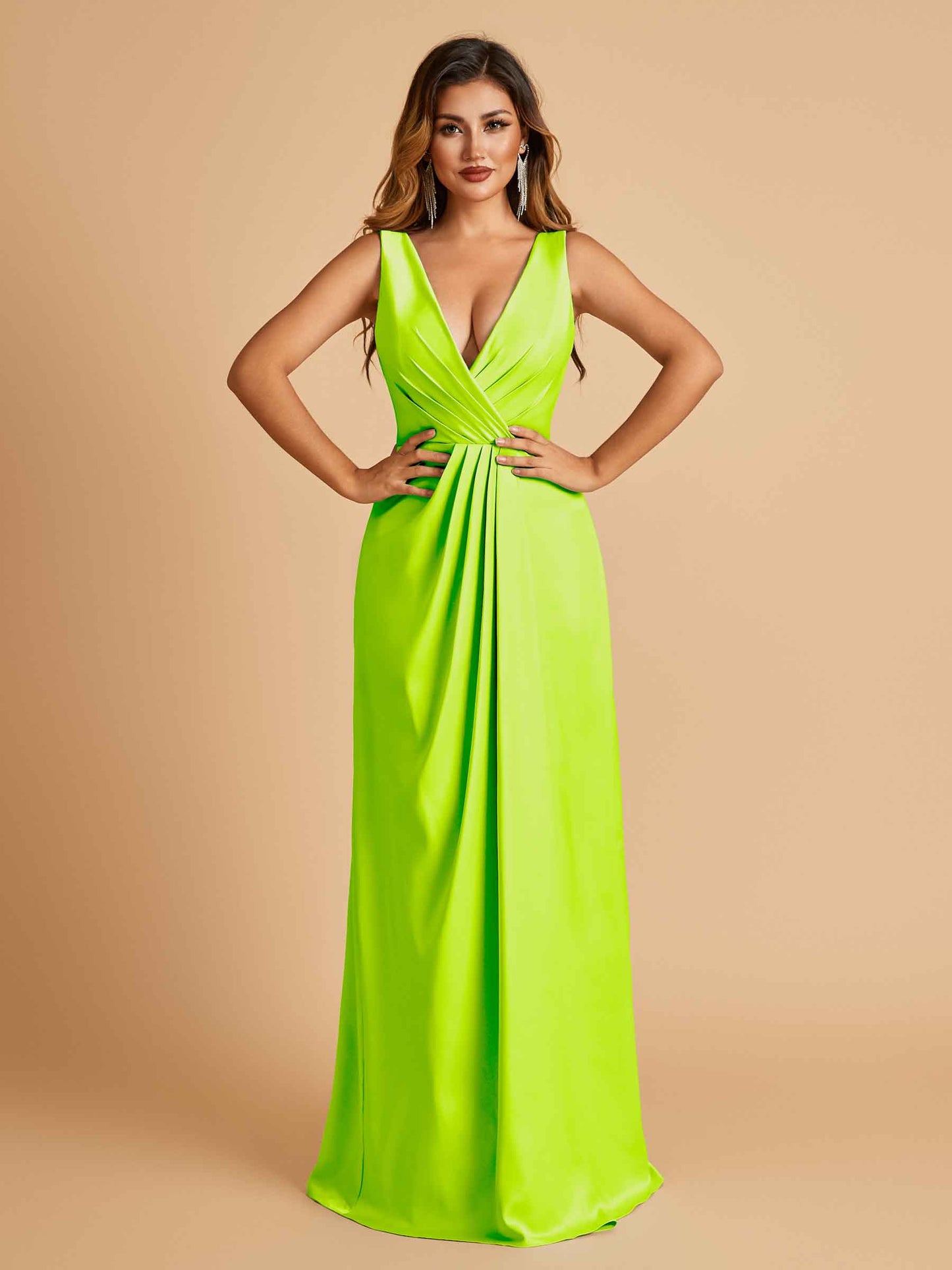 Sexy Satin Deep V-neck Long Bridesmaid Dresses A-line Pleats Sleeveless Floor Length