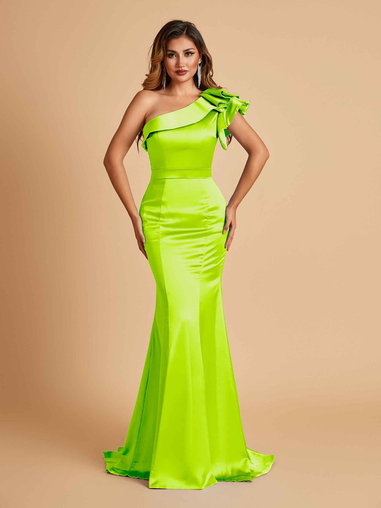 Satin One-shoulder Bridesmaid Dresses Ruffle Sleeves Mermaid Floor Length For Sale