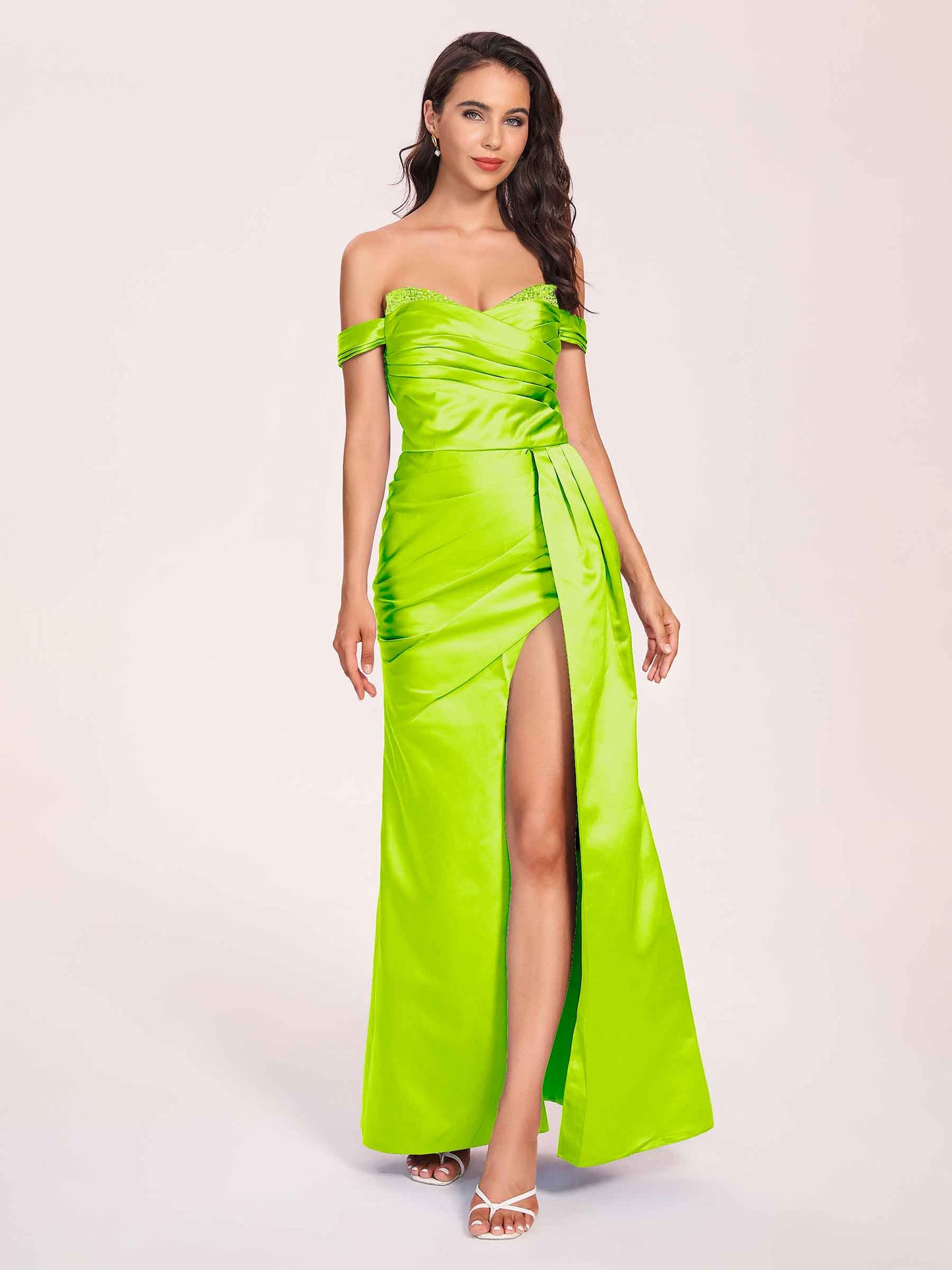 Elegant Satin Off Shoulder Bridesmaid Dresses Side-slit Sweetheart Floor Length Sheath