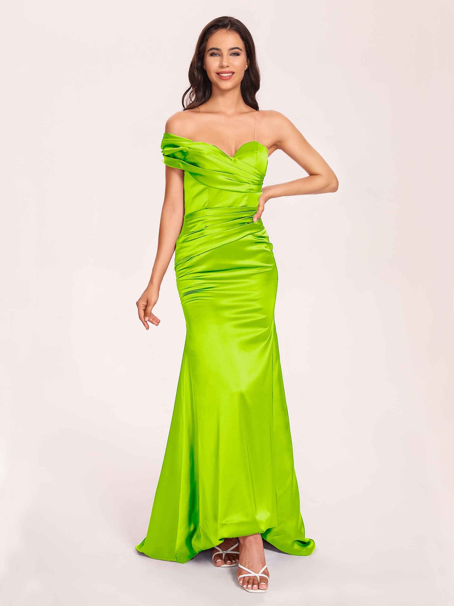 Satin One-shoulder Bridesmaid Dresses Pleats Floor Length Mermaid Long