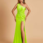Unique Satin One Shoulder Sheath Bridesmaid Dresses Open Back Side Slit Floor Length