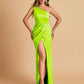 Satin One-shoulder Bridesmaid Dresses Sheath Side Slit Sleeveless Floor Length