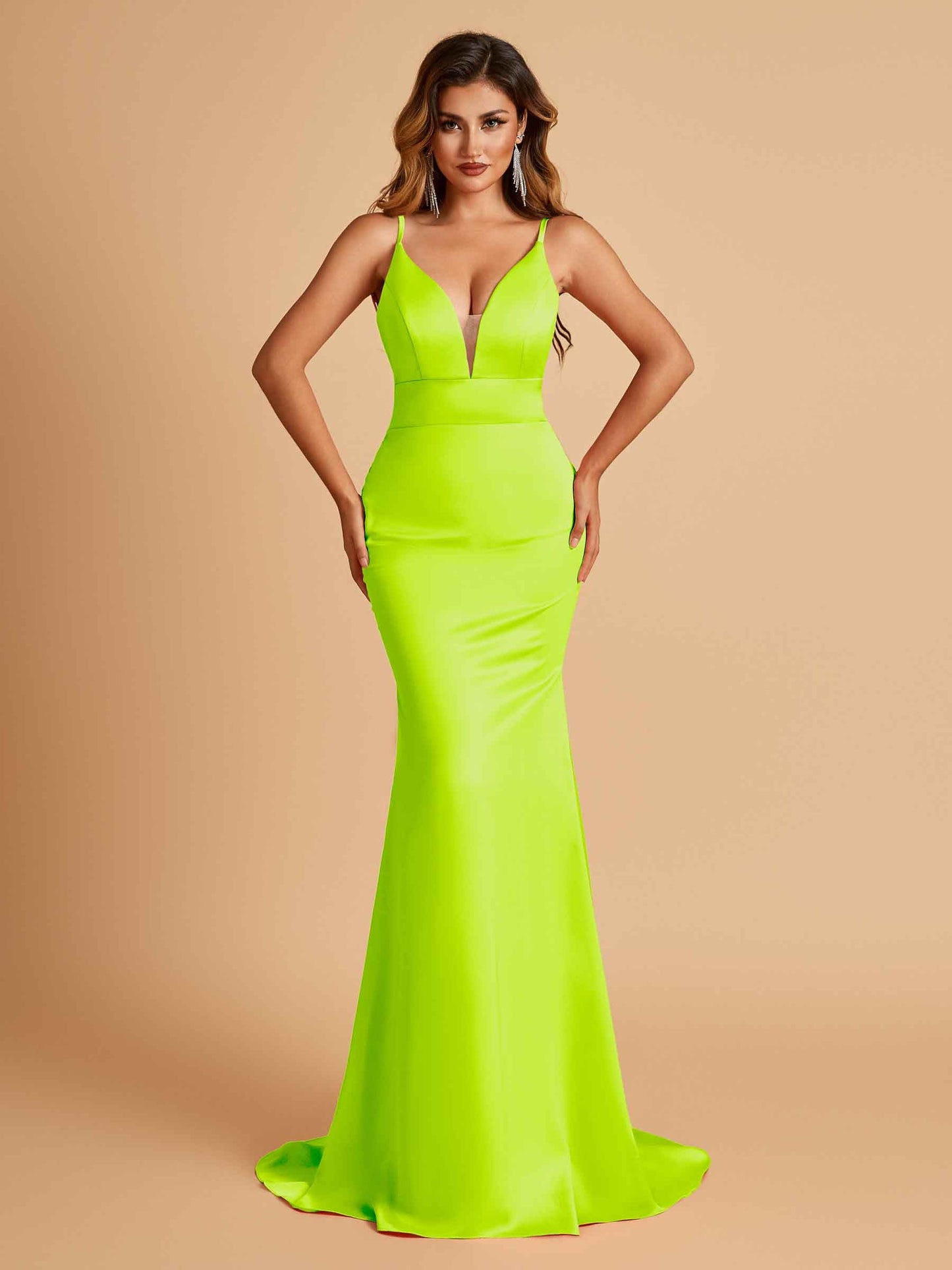 Satin Deep V-neck Mermaid Prom Dresses Open Back Floor Length