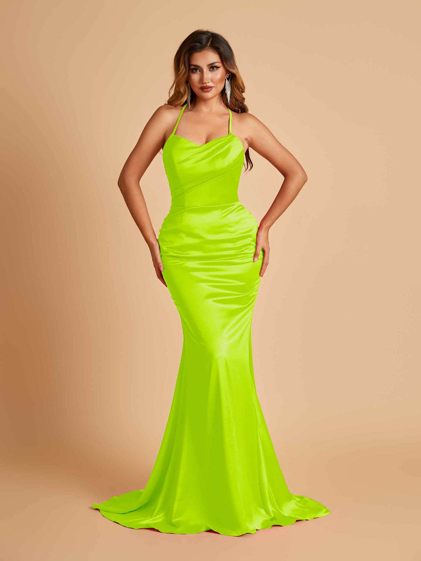 Sexy Satin Mermaid Bridesmaid Dresses Spaghetti Straps Scoop Criss-cross Back