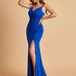 Jersey Mermaid Bridesmaid Dresses Spaghetti Straps V-neck Side Slit Floor Length