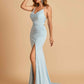 Sexy Jersey Mermaid Bridesmaid Dresses Spaghetti Straps V-neck Criss Cross Side Slit Floor Length