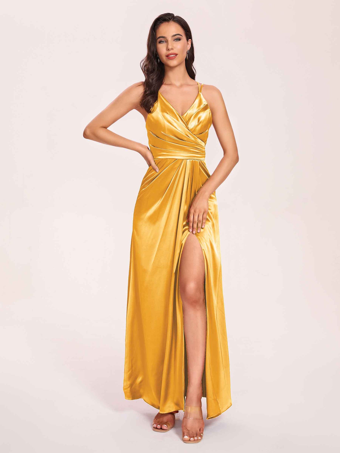 Sexy Satin A-line Bridesmaid Dresses Spaghetti Straps Side Slit V-neck Floor Length