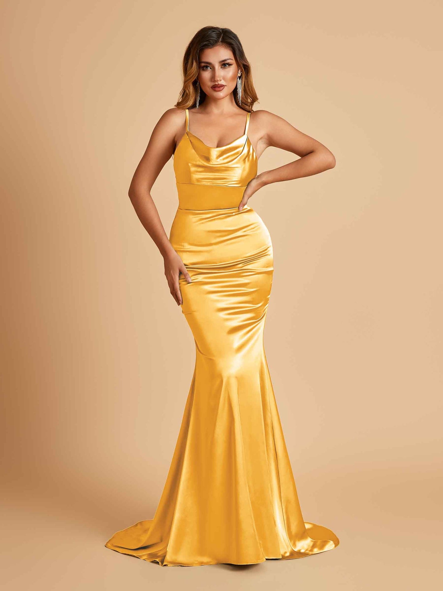 Satin Mermaid Open Back Prom Dresses Spaghetti Straps Scoop Floor Length