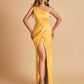 Satin One-shoulder Bridesmaid Dresses Sheath Side Slit Sleeveless Floor Length