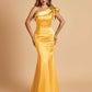 Satin One-shoulder Bridesmaid Dresses Ruffle Sleeves Mermaid Floor Length For Sale
