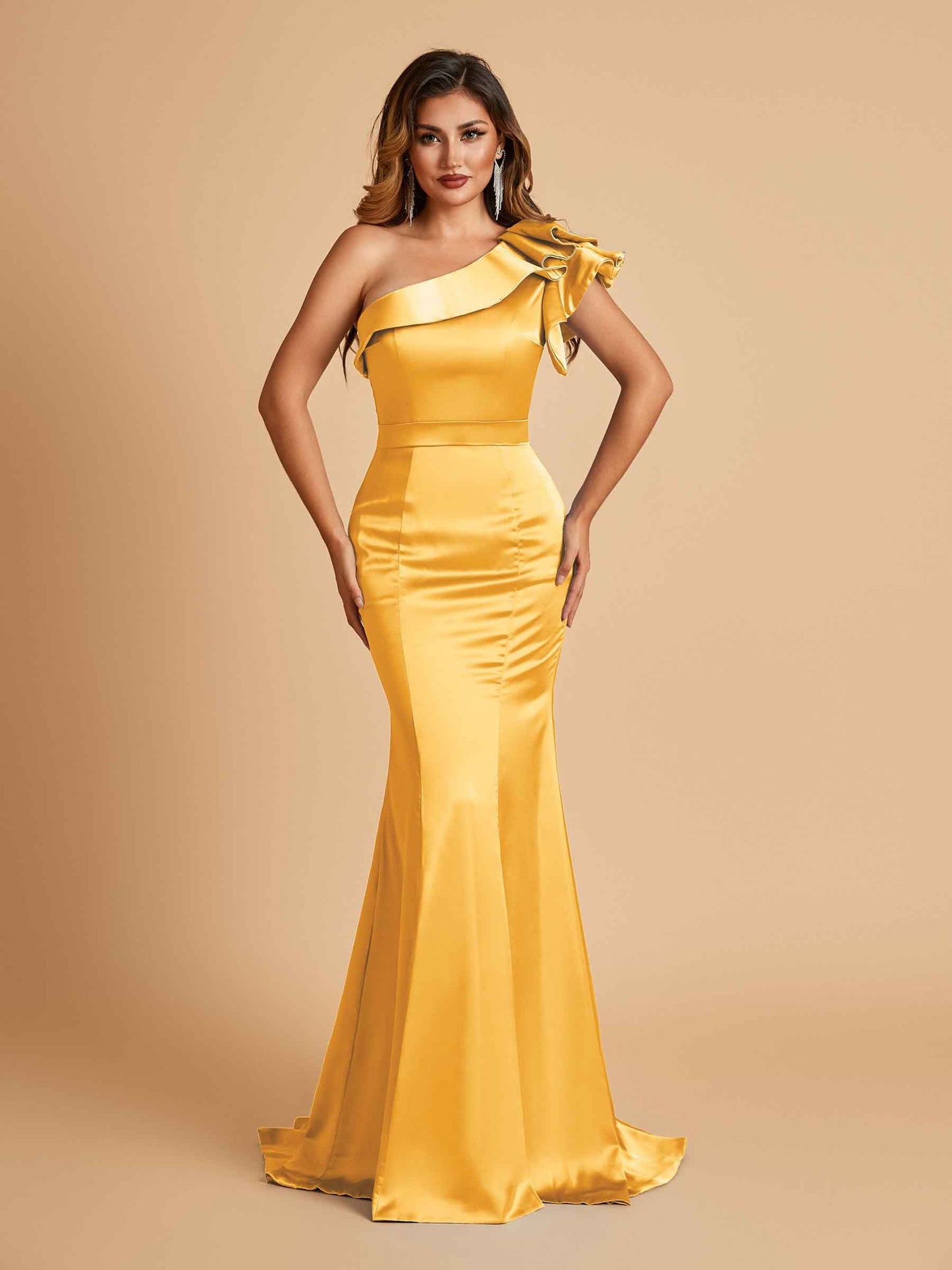 Satin One-shoulder Bridesmaid Dresses Ruffle Sleeves Mermaid Floor Length For Sale