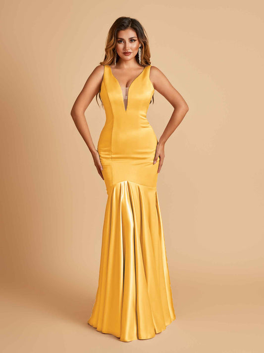 Satin Deep V-neck Mermaid Bridesmaid Dresses Half Open Back Floor Length