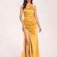 Satin Halter Pleats Sheath Bridesmaid Dresses Side-Slit Floor Length Sleeveless