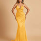 Satin Mermaid Open-back Prom Dresses Spaghetti Straps V-neck With Pleats Floor Length