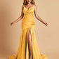 Sexy Satin Mermaid Open Back Prom Dresses Spaghetti Straps V-neck Side Slit