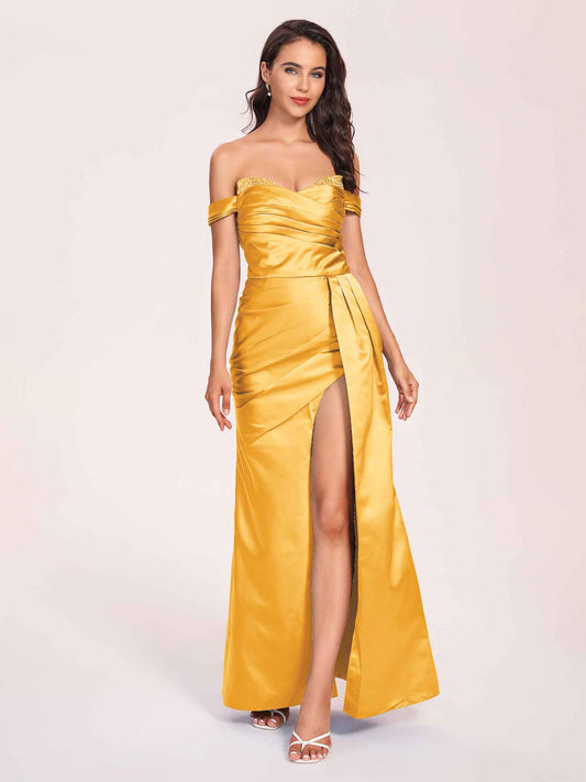 Elegant Satin Off Shoulder Bridesmaid Dresses Side-slit Sweetheart Floor Length Sheath
