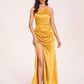 Satin Halter Pleats Sheath Prom Dresses Side-Slit Floor Length Sleeveless