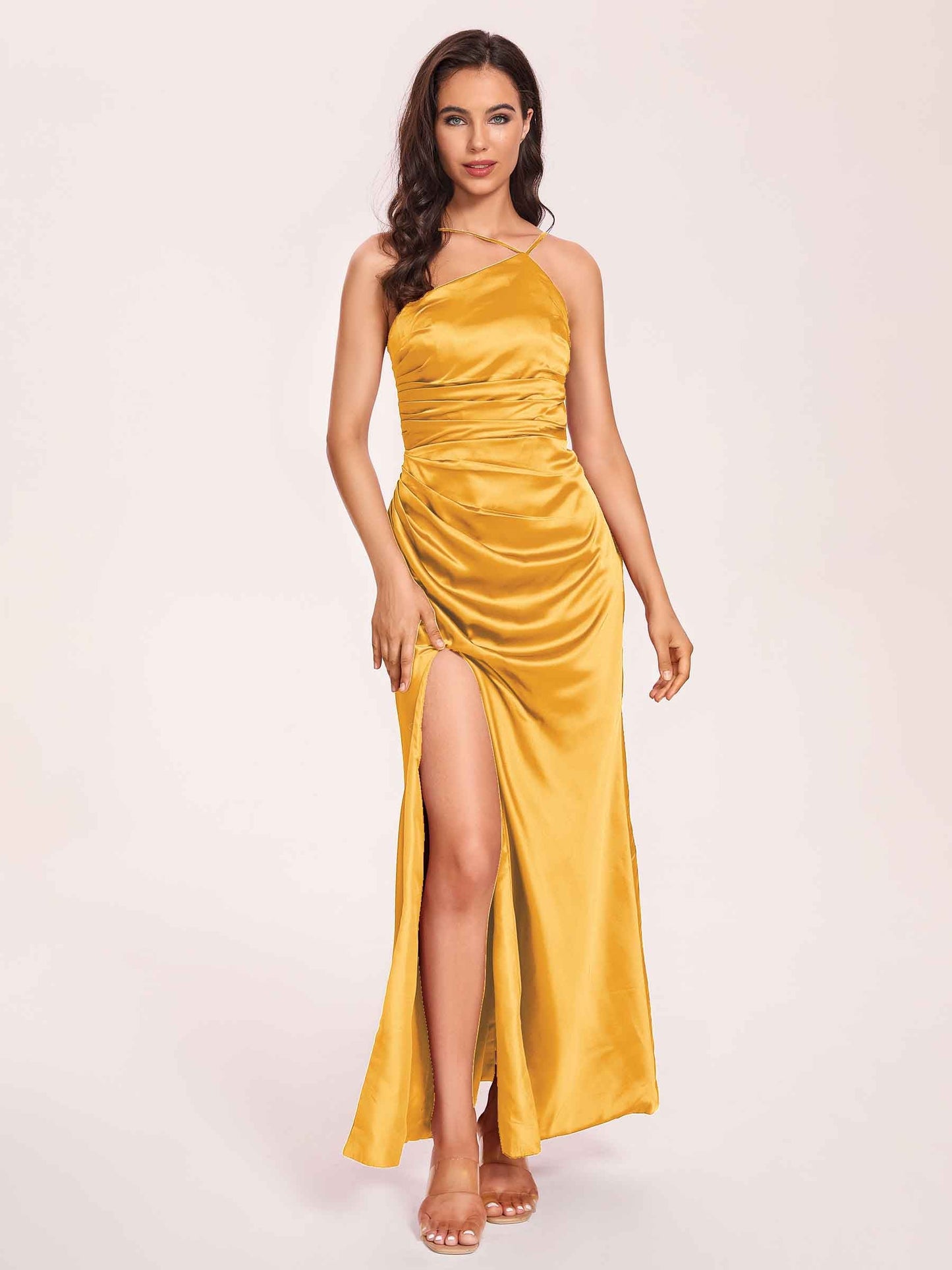 Satin Halter Pleats Sheath Prom Dresses Side-Slit Floor Length Sleeveless