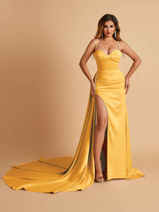Sexy Satin Sheath Bridesmaid Dresses Spaghetti Straps Sweetheart Side Slit With Train