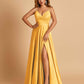 Satin A-line Long Prom Dresses Spaghetti Straps V-neck Side Slit Floor Length