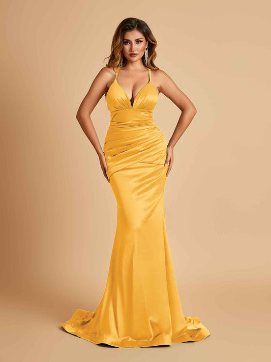 Satin Mermaid Open-back Bridesmaid Dresses Spaghetti Straps V-neck With Pleats Floor Length