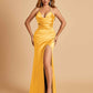 Sexy Satin Halter Straps Sheath Prom Dresses Side Slit Pleats Floor Length