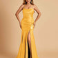 Sexy Satin Mermaid Prom Dresses Spaghetti Straps Scoop Side Slit Criss-cross Back