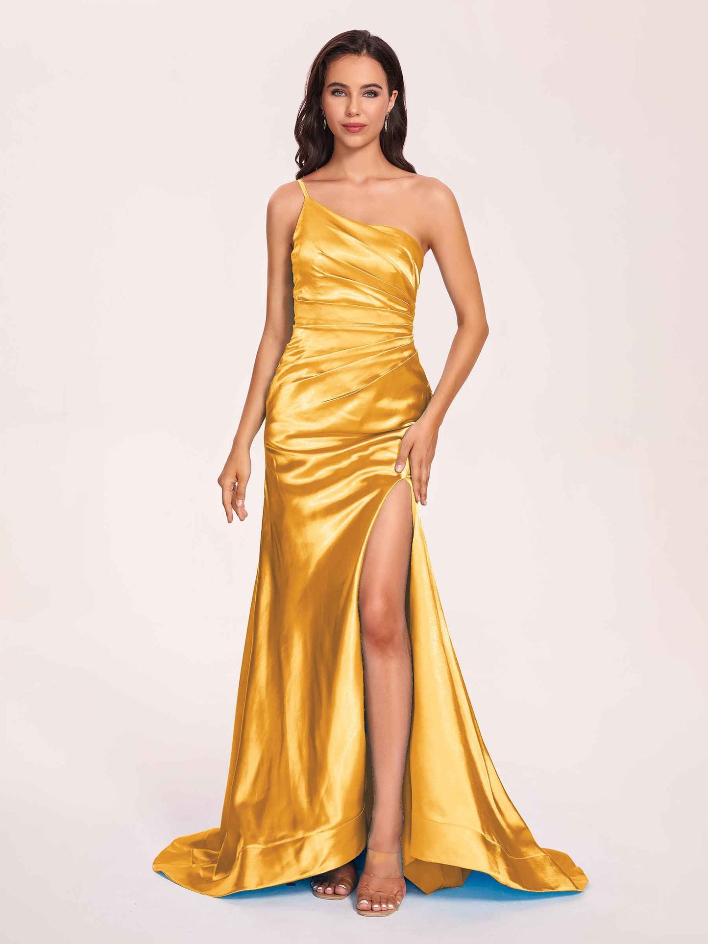 Satin One-shoulder Mermaid Prom Dresses Side Slit Pleats Floor Length