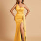 Satin One Shoulder Mermaid Bridesmaid Dresses Side Slit Floor Length