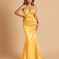 Satin Mermaid V-neck Prom Dresses Spaghetti Straps Floor Length